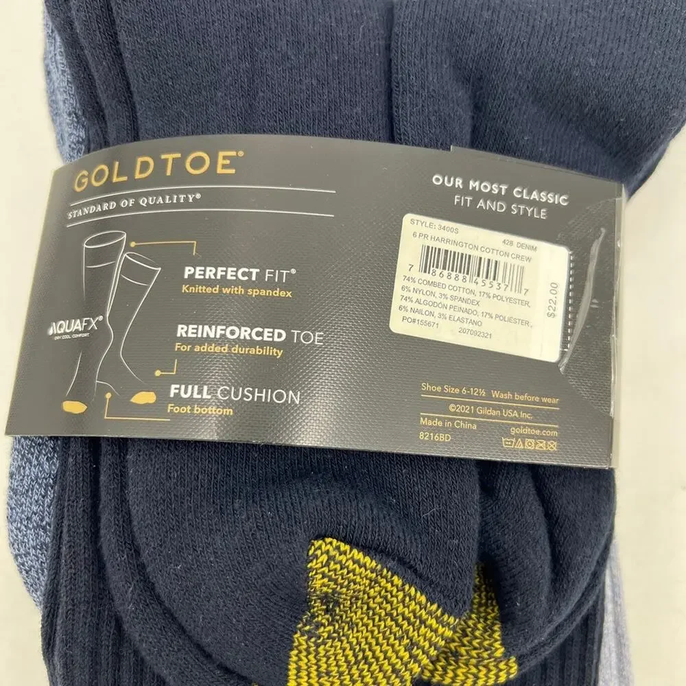 Harrington Gold Toe Socks Mens 6-12.5 Cotton Crew Knitted Stretch Comfort 5-Pack